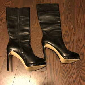 Michael Kors, black leather calf high stiletto boots.